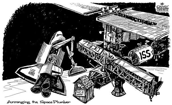 Oliver Schopf, editorial cartoons from Austria, cartoonist from Austria, Austrian illustrations, illustrator from Austria, editorial cartoon Sience and Technologie
2008: international space station, toilette, plumber, space shuttle, repair
