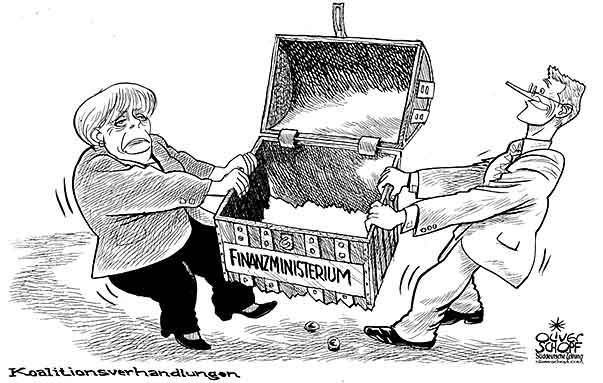  Oliver Schopf, politischer Karikaturist aus Österreich, politische Karikaturen, Illustrationen Archiv politische Karikatur Deutschland: 2009: angela merkel, guido westerwelle, koalitionsverhandlungen, finanzministerium, schatztruhe, zerren 