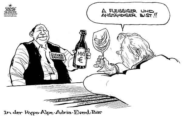  Oliver Schopf, politischer Karikaturist aus Österreich, politische Karikaturen, Illustrationen Archiv politische Karikatur Österreich Wirtschaft  Hypo Group Alpe Adria
 2009:  kaernten, hypo alpe adria, gerhard doerfler, steuerzahler, bar, saufen


