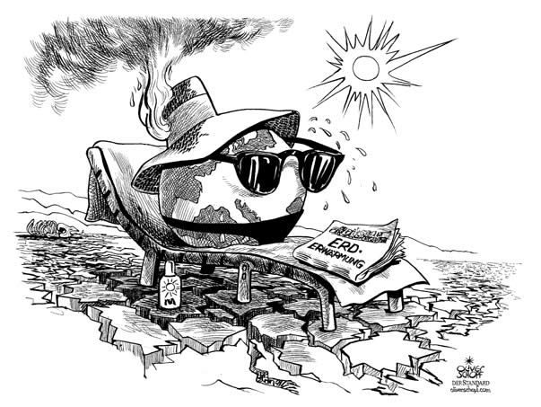  Oliver Schopf, politischer Karikaturist aus Österreich, politische Karikaturen, Illustrationen Archiv politische Karikatur Welt Klima und Umwelt Erderwärmung 2006; hitze, welt, strand, duerre, feuer, hut brennt



