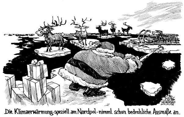  Oliver Schopf, politischer Karikaturist aus Österreich, politische Karikaturen, Illustrationen Archiv politische Karikatur Welt Klima und Umwelt 2008: klima, nordpol, weihnachtsmann, eisschollen, schlitten, rentiere




