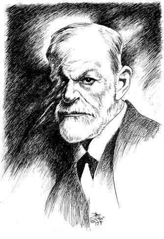 Oliver Schopf, editorial cartoons from Austria, cartoonist from Austria, Austrian illustrations, illustrator from Austria, editorial cartoon portraits science: sigmund freud, zeichnung, portrait, scientist, psychiatrist, psychoanalysis, unconscious mind, sexual desire
