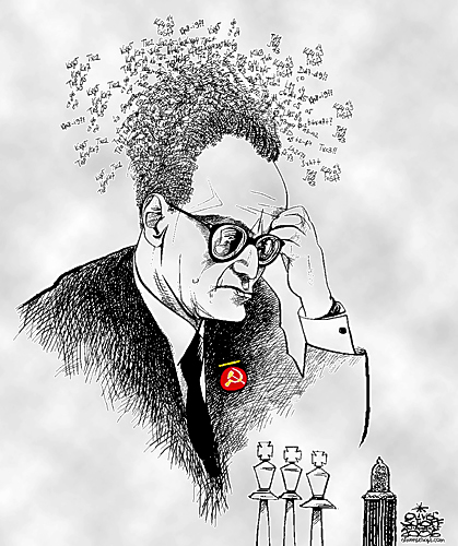 Oliver Schopf, editorial cartoons from Austria, cartoonist from Austria, Austrian illustrations, illustrator from Austria, editorial cartoon chess Mikhail Botwinnik, Soviet World Chess Champion 1948-1957, 1958-1960 and 1961-1963. 