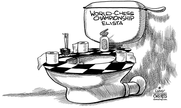  Oliver Schopf, politischer Karikaturist aus Österreich, politische Karikaturen aus Österreich, Karikatur Illustrationen Schach: Schach WM in Elista 2006: Wladimir Kramnik wird zu Unrecht beschuldigt, auf der Toilette die besseren Züge zu finden
als auf dem Brett. Danach gerät die Veranstaltung ziemlich in die Hose. 