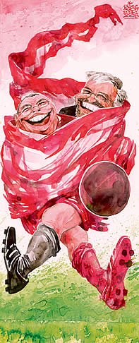 Oliver Schopf, editorial cartoons from Austria, cartoonist from Austria, Austrian illustrations, illustrator from Austria, editorial cartoon austria 2008: soccer, coalition, government, gusenbauer, molterer, flag 