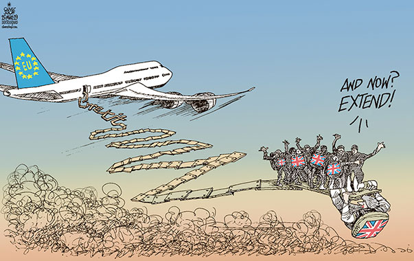 Oliver Schopf, editorial cartoons from Austria, cartoonist from Austria, Austrian illustrations, illustrator from Austria, editorial cartoon politics politician Europe, Cartoon Arts International, New York Times Syndicate, Cagle cartoon 2019 GREAT BRITAIN BREXIT EU EXTENSION DELAY VOTE THERESA MAY AIRPLANE FLIGHT JUMP
