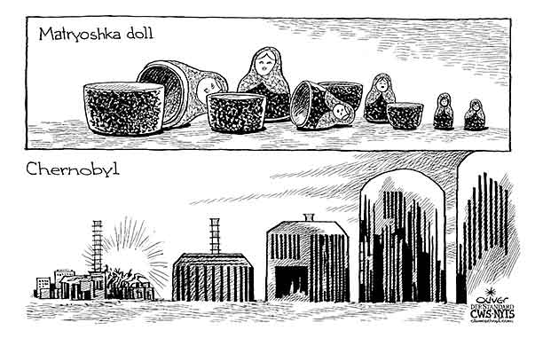  
Oliver Schopf, editorial cartoons from Austria, cartoonist from Austria, Austrian illustrations, illustrator from Austria, editorial cartoon
Europe Ucraine Ukraine chernobyl nuclear plant nesting doll matryoshka

