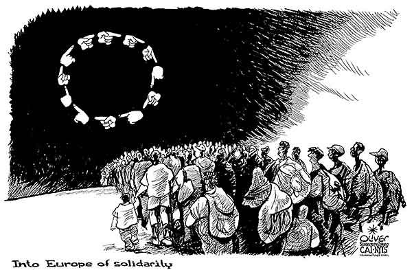 Oliver Schopf, editorial cartoons from Austria, cartoonist from Austria, Austrian illustrations, illustrator from Austria, editorial cartoon politics politician Europe, Cartoon Arts International, New York Times Syndicate, Cagle cartoon 2015 EU EUROPE IMMIGRANTS REFUGEES STARS POINT FINGER SOLIDARITY WELCOME 




