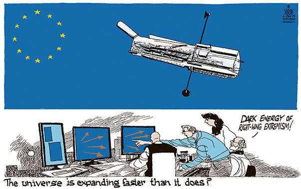Oliver Schopf, editorial cartoons from Austria, cartoonist from Austria, Austrian illustrations, illustrator from Austria, editorial cartoon politics politician Europe, Cartoon Arts International, New York Times Syndicate, Cagle cartoon 2019 EUROPEAN UNION ELECTIONS STARS UNIVERSE EXPANSION HUBBLE TELESCOPE DARK ENERGY RIGHT-WING EXTREMISM NATIONALISM OBSERVATORY ASTRONOMERS
