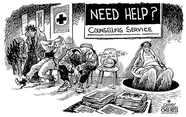 Oliver Schopf, editorial cartoons from Austria, cartoonist from Austria, Austrian illustrations, illustrator from Austria, editorial cartoon politics politician Europe 2010: euro currency crisis help counselling service 

