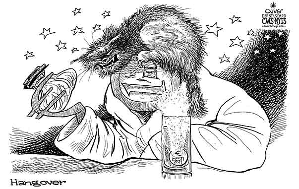 Oliver Schopf, editorial cartoons from Austria, cartoonist from Austria, Austrian illustrations, illustrator from Austria, editorial cartoon politics politician Europe 2010: euro currency coin hangover cat stars ice bag fizzy tablet

