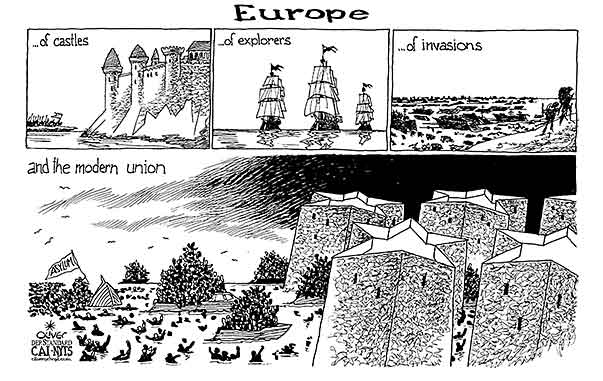 Oliver Schopf, editorial cartoons from Austria, cartoonist from Austria, Austrian illustrations, illustrator from Austria, editorial cartoon politics politician Europe, Cartoon Arts International, New York Times Syndicate, Cagle cartoon 2014: EUROPEAN UNION CASTLE EXPLORERS SEAFARING INVASION OMAHA BEACH MEDITERRANIAN SEA WALL REFUGEES BOAT PEOPLE
 