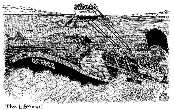 Oliver Schopf, editorial cartoons from Austria, cartoonist from Austria, Austrian illustrations, illustrator from Austria, editorial cartoon politics politician Europe, Cartoon Arts International, New York Times Syndicate, Cagle cartoon 2015 GREECE GOVERNMENT ALEXIS TSIPRAS SHIP SUNK UNDER WATER LIFEBOAT RESCUE  
