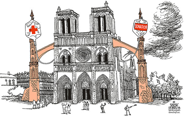 Oliver Schopf, editorial cartoons from Austria, cartoonist from Austria, Austrian illustrations, illustrator from Austria, editorial cartoon politics politician Europe, Cartoon Arts International, New York Times Syndicate, Cagle cartoon 2019 FRANCE PARIS CATHEDRAL NOTRE DAME FIRE ROOF INFUSION HELP AID CHURCH PILLAR 
