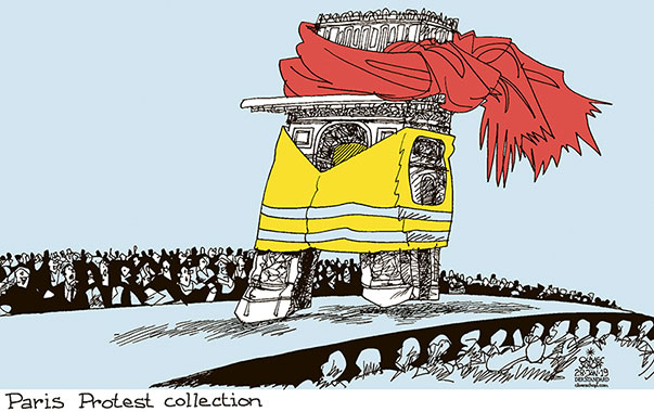 Oliver Schopf, editorial cartoons from Austria, cartoonist from Austria, Austrian illustrations, illustrator from Austria, editorial cartoon politics politician Europe, Cartoon Arts International, New York Times Syndicate, Cagle cartoon 2019 FRANCE PARIS YELLOW VESTS RED SCARFS FASHION COLLECTION CATWALK ARC DE TRIOMPHE 
