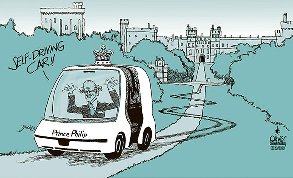 Oliver Schopf, editorial cartoons from Austria, cartoonist from Austria, Austrian illustrations, illustrator from Austria, editorial cartoon politics politician Europe, Cartoon Arts International, New York Times Syndicate, Cagle cartoon 2019 GREAT BRITAIN ROYALS PRINCE PHILIP CAR ACCIDENT DRIVING LICENCE SELF DRIVING CAR WINDSOR CASTLES PARK  
