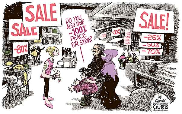Oliver Schopf, editorial cartoons from Austria, cartoonist from Austria, Austrian illustrations, illustrator from Austria, editorial cartoon politics politician Europe, Cartoon Arts International, New York Times Syndicate, Cagle cartoon 2015 : SALE CHRISTMAS REFUGEES SHOPPING MALL BUY MARKET PRICE REDUCTION CHEAP PEACE SYRIA   





