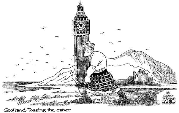 Oliver Schopf, editorial cartoons from Austria, cartoonist from Austria, Austrian illustrations, illustrator from Austria, editorial cartoon politics politician Europe, Cartoon Arts International, New York Times Syndicate, Cagle cartoon 2014: SCOTLAND INDEPENDENCE GREAT BRITAIN LONDON BIG BEN TOSSING THE CABER HIGHLAND GAMES
 