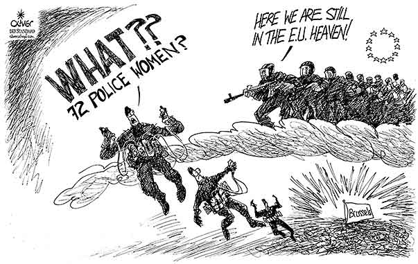 Oliver Schopf, editorial cartoons from Austria, cartoonist from Austria, Austrian illustrations, illustrator from Austria, editorial cartoon politics politician Europe, Cartoon Arts International, New York Times Syndicate, Cagle cartoon 2016 : EU BRUSSELS TERROR ATTACK SUICIDE BOMBER POLICE AIRPORT SUBWAY STATION PARADISE VIRGINS





