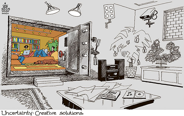 Oliver Schopf, editorial cartoons from Austria, cartoonist from Austria, Austrian illustrations, illustrator from Austria, editorial cartoon politics politician Europe, Cartoon Arts International, New York Times Syndicate, Cagle cartoon 2019 POLICS POLICY SOCIETY UNCERTAINTY FUTURE SECURITY MIGRATION REFUGEES BORDER WALL FENCE SAFE FLAT LIVING ROOM 
