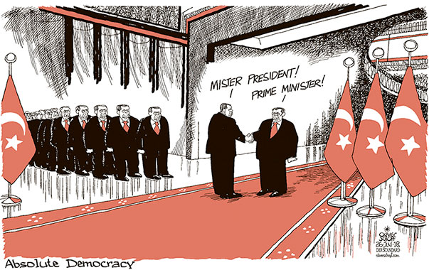 Oliver Schopf, editorial cartoons from Austria, cartoonist from Austria, Austrian illustrations, illustrator from Austria, editorial cartoon politics politician International, Cartoon Arts International, New York Times Syndicate, Cagle cartoon 2018 ERDOGAN TURKEY ELECTIONS ABSOLUTE POWER PRESIDENT PRIME MINISTER DEMOCRACY 
   

