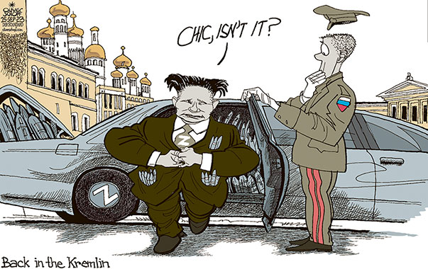 Oliver Schopf, editorial cartoons from Austria, cartoonist from Austria, Austrian illustrations, illustrator from Austria, editorial cartoon politics politician International, Cartoon Movement, CartoonArts International 2023: RUSSIA PUTIN NORTH KOREA KIM JONG UN WEAPONS DELIVERY HAIRSTYLE KREMLIN OFFICIAL COMPANY CAR CHAUFFEUR



