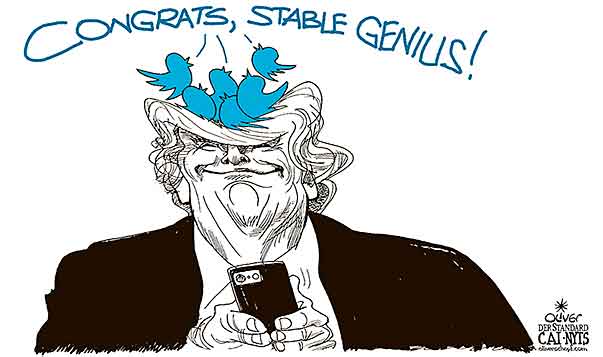 Oliver Schopf, editorial cartoons from Austria, cartoonist from Austria, Austrian illustrations, illustrator from Austria, editorial cartoon Donald Trump president of the united states of america 2018 USA PRESIDENT TRUMP 1 YEAR JUBILEE ANNIVERSARY SMART PHONE TWITTER TWEET BIRDS CONGRATS STABLE GENIUS  
