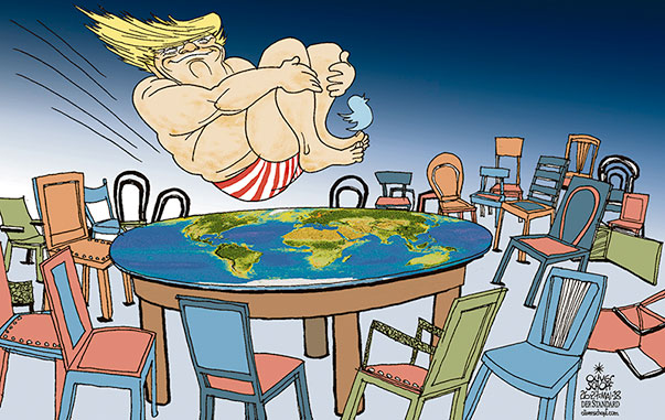 Oliver Schopf, editorial cartoons from Austria, cartoonist from Austria, Austrian illustrations, illustrator from Austria, editorial cartoon politics politician International, Cartoon Arts International, New York Times Syndicate, 2018: USA PRESIDENT DONALD TRUMP WORLD EARTH NEGOTIATINS ROUND TABLE SUMMIT CHAIR CANNONBALL  
