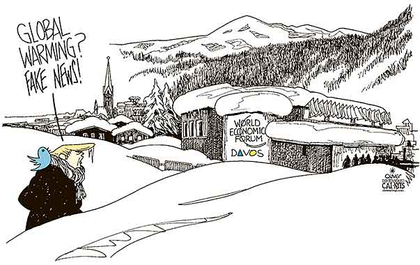 Oliver Schopf, editorial cartoons from Austria, cartoonist from Austria, Austrian illustrations, illustrator from Austria, editorial cartoon politics politician International, Cartoon Arts International, New York Times Syndicate, 2018: DAVOS WORLD ECONOMIC FORUM TRUMP GLOBAL WARMING TWITTER TWEET COLD SNOW PROTECTIONISM
