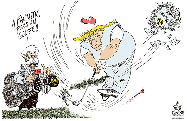 Oliver Schopf, editorial cartoons from Austria, cartoonist from Austria, Austrian illustrations, illustrator from Austria, editorial cartoon Donald Trump president of the united states of america 2018 USA TRUMP IRAN NUCELAR ACCORD DEAL JOHN BOLTON NATIONAL SECURITY ADVISOR GOLF PERSIAN GULF DRIVER SWING TEE    

