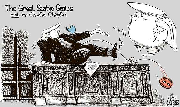 Oliver Schopf, editorial cartoons from Austria, cartoonist from Austria, Austrian illustrations, illustrator from Austria, editorial cartoon politics politician International, Cartoon Arts International, New York Times Syndicate, 2018: USA TRUMP OVAL OFFICE STABLE GENIUS CHARLIE CJHAPLIN THE GREAT DICTATOR MOVIE TWITTER RED BUTTON TOY BALLOON    
