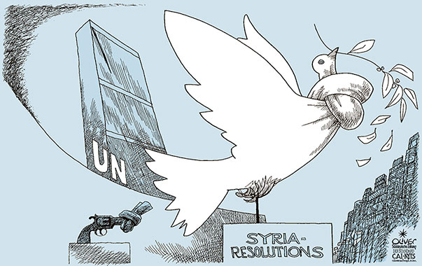 Oliver Schopf, editorial cartoons from Austria, cartoonist from Austria, Austrian illustrations, illustrator from Austria, editorial cartoon politics politician International, Cartoon Arts International, New York Times Syndicate, 2018: UNO UNITED NATIONS SYRIA RESOLUTION RUSSIA VETO SECURITY COUNCEL PEACE DOVE HEADQUARTERS NEW YORK MONUMENT GUN KNOT 
