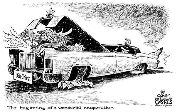 Oliver Schopf, editorial cartoons from Austria, cartoonist from Austria, Austrian illustrations, illustrator from Austria, editorial cartoon china 2011 uncle sam china dragon partnership car engine

