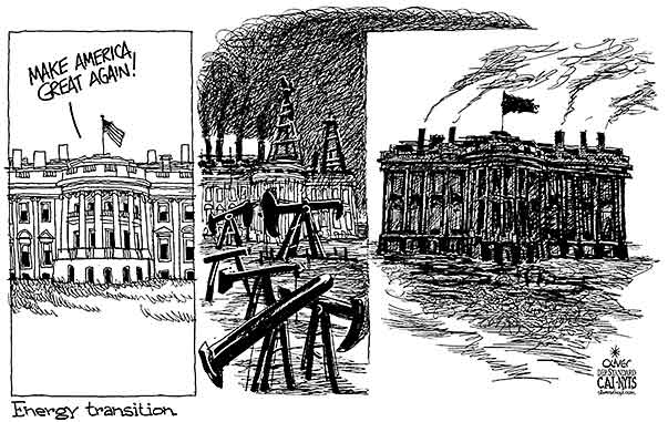 Oliver Schopf, editorial cartoons from Austria, cartoonist from Austria, Austrian illustrations, illustrator from Austria, editorial cartoon politics politician International, Cartoon Arts International, New York Times Syndicate, 2017: USA TRUMP WHITE HOUSE ENERGY TRANSITION OIL GAS COAL SOOTCARBON SMOKE EMISSIONS        

