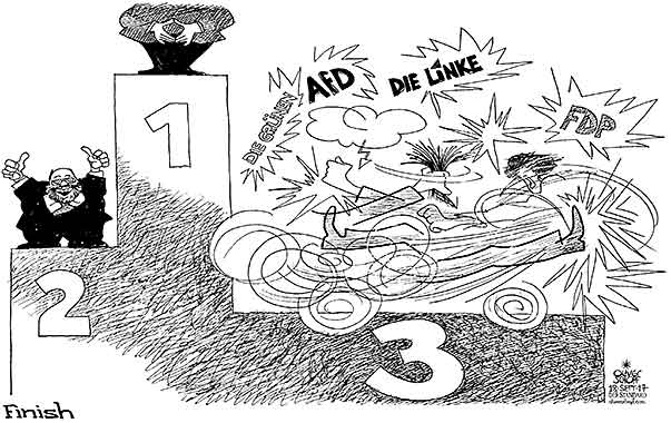 Oliver Schopf, politischer Karikaturist aus Österreich, politische Karikaturen aus Österreich, Karikatur Cartoon Illustrationen Politik Politiker Deutschland 2017 BUNDESTAGSWAHL UMFRAGEN PODEST ERSTER ZWEITER DRITTER MERKEL RAUTE SCHULZ FDP DIE GRÜNEN DIE LINKE AfD


