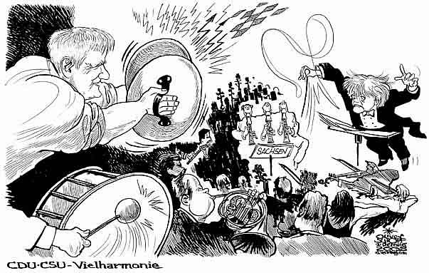 Oliver Schopf, editorial cartoons from Austria, cartoonist from Austria, Austrian illustrations, illustrator from Austria, editorial cartoon Germany 2009: cdu, csu german parties as orchestra angela merkel conducting elections will come disharmonism forbidden seehofer, orchestar, flute, philharmonie disharmony
 width=