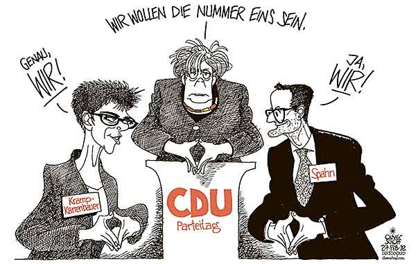 Oliver Schopf, politischer Karikaturist aus Österreich, politische Karikaturen aus Österreich, Karikatur Cartoon Illustrationen Politik Politiker Deutschland 2018 CDU PARTEITAG MERKEL  ANNEGRET KRAMP KARRENBAUER JENS SPAHN NUMMER EINS NACHFOLGER  
