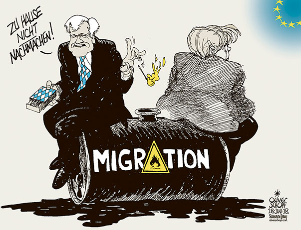 Oliver Schopf, politischer Karikaturist aus Österreich, politische Karikaturen aus Österreich, Karikatur Cartoon Illustrationen Politik Politiker Deutschland 2018 MERKEL SEEHOFER STREIT GROKO KOALITION REGIERUNG MASTERPLAN MIGRATION ASYL FLÜCHTLINGE TANK FEUERGEFÄHRLICH STREICHHOLZ ZÜNDELN EU AUSSENGRENZEN SICHERUNG   
