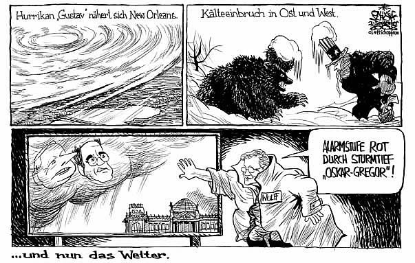 Oliver Schopf, editorial cartoons from Austria, cartoonist from Austria, Austrian illustrations, illustrator from Austria, editorial cartoon Germany 2009: Christian wulff cdu vice party leader warning in the weather forcast hurricans heavy weather in east and west   Germany leftkwinged party the linke  lafontaine, gysi, are dangerous
 width=