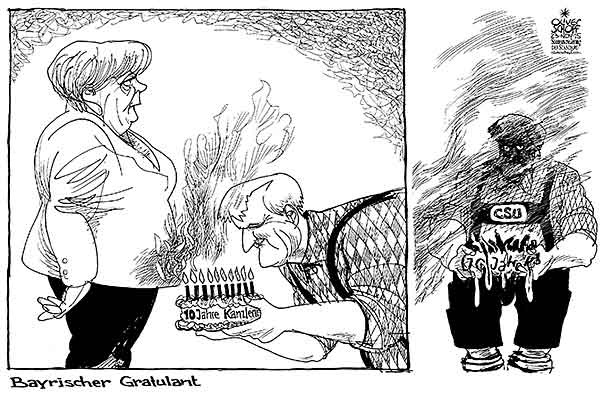  Oliver Schopf, politischer Karikaturist aus Österreich, politische Karikaturen, Illustrationen Archiv politische Karikatur Deutschland 2015 CDU CSU PARTEITAG BAYERN MÜNCHEN ANGELA MERKEL HORST SEEHOFER REDE 10 JAHRE BUNDESKANZLERIN TORTE KERZE GRATULIEREN ZÜNDELN BRENNEN RUSS RAUCH

 