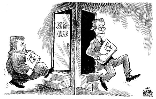 Oliver Schopf, editorial cartoons from Austria, cartoonist from Austria, Austrian illustrations, illustrator from Austria, editorial cartoon Germany 2009: spd, beck, muentefering, leadership party, retirement 
 width=