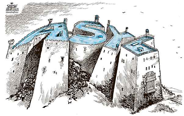 Oliver Schopf, editorial cartoons from Austria, cartoonist from Austria, Austrian illustrations, illustrator from Austria, editorial cartoon politics politician Europe 2011: asylum castle fortress fortification stronghold


