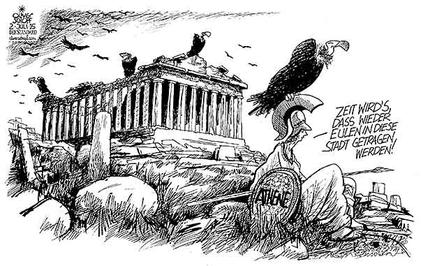 Oliver Schopf, politischer Karikaturist aus Österreich, politische Karikaturen aus Österreich, Karikatur Cartoon Illustrationen Politik Politiker Europa 2015 GRIECHENLAND KRISE EURO EU ATHEN PALLAS ATHENE GOETTIN PARTHENON TEMPEL RUINE PLEITE GEIER EULEN 





