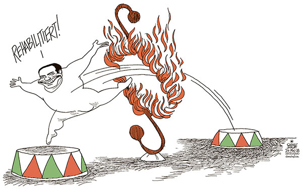 Oliver Schopf, politischer Karikaturist aus Österreich, politische Karikaturen aus Österreich, Karikatur Cartoon Illustrationen Politik Politiker Europa 2018 ITALIEN BERLUSCONI REHABILITATION GERICHT PARAGRAF MAILAND ZIRKUS BRENNENDER REIFEN FEUER ARTIST SPRINGEN












