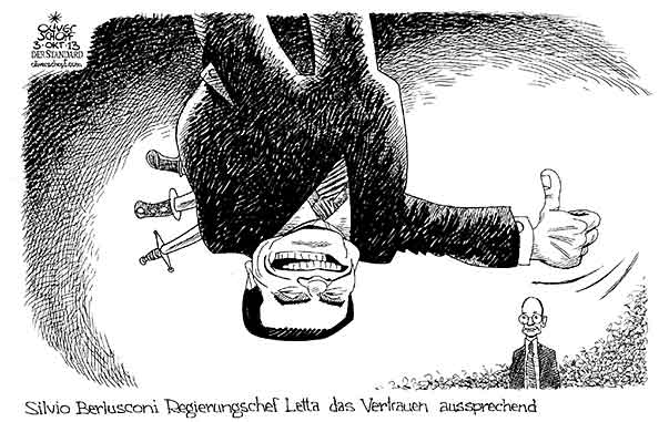 Oliver Schopf, politischer Karikaturist aus Österreich, politische Karikaturen aus Österreich, Karikatur Illustrationen Politik Politiker Europa 2013 ITALIEN BERLUSCONI LETTA REGIERUNG VERTRAUEN ABSTIMMUNG DAUMEN CAESAR IMPERATOR MORD MESSER DOLCH

 

 



   