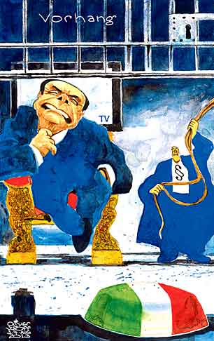 Oliver Schopf, politischer Karikaturist aus Österreich, politische Karikaturen aus Österreich, Karikatur Illustrationen Politik Politiker Europa 2013 ITALIEN BERLUSCONI URTEIL GEFAENGNIS STEUERBETRUEGER THEATER BUEHNE EISERNER VORHANG KASSATIONSGERICHT BUNGA BUNGA

 



   