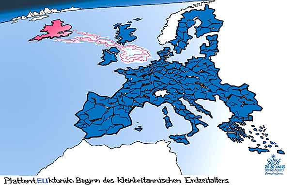 Oliver Schopf, politischer Karikaturist aus Österreich, politische Karikaturen aus Österreich, Karikatur Cartoon Illustrationen Politik Politiker Europa 2016 : GROSSBRITANNIEN BREXIT EU ABSTIMMUNG LEAVE REMAIN PLATTENTEKTONIK KONTINENTALVERSCHIEBUNG VERWERFUNG 









