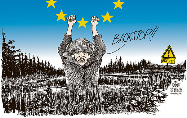 Oliver Schopf, editorial cartoons from Austria, cartoonist from Austria, Austrian illustrations, illustrator from Austria, editorial cartoon politics politician Europe, Cartoon Arts International, New York Times Syndicate, Cagle cartoon 2018 BREXIT THERESA MAY EU HOUSE OF COMMONS MOTION OF CENSURE MOOR FEN SWAMP SINKING BACKSTOP IRELAND RESCUE

