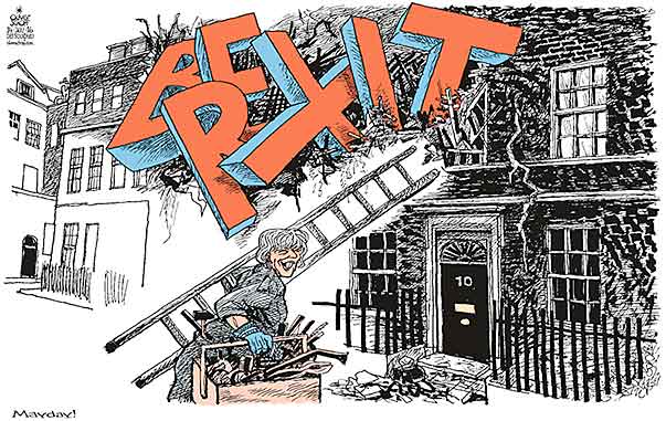 Oliver Schopf, editorial cartoons from Austria, cartoonist from Austria, Austrian illustrations, illustrator from Austria, editorial cartoon politics politician Europe, Cartoon Arts International, New York Times Syndicate, Cagle cartoon 2016 : GREAT BRITAIN BREXIT PRIME MINISTER THERESA MAY DOWNING STREET 10 REPAIR RESTORE DAMAGE HOUSE FIXING  








