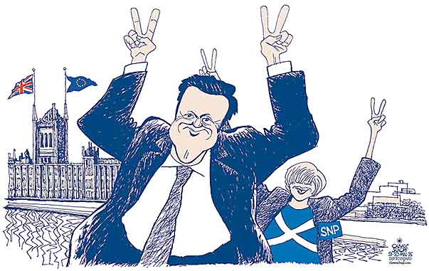  Oliver Schopf, politischer Karikaturist aus Österreich, politische Karikaturen, Illustrationen Archiv politische Karikatur Europa Great Britain UK England Schottland Irland 2015 GROSSBRITANNIEN WAHLEN PARLAMENT DAVID CAMERON NICOLA STURGEON SNP SIEG 




